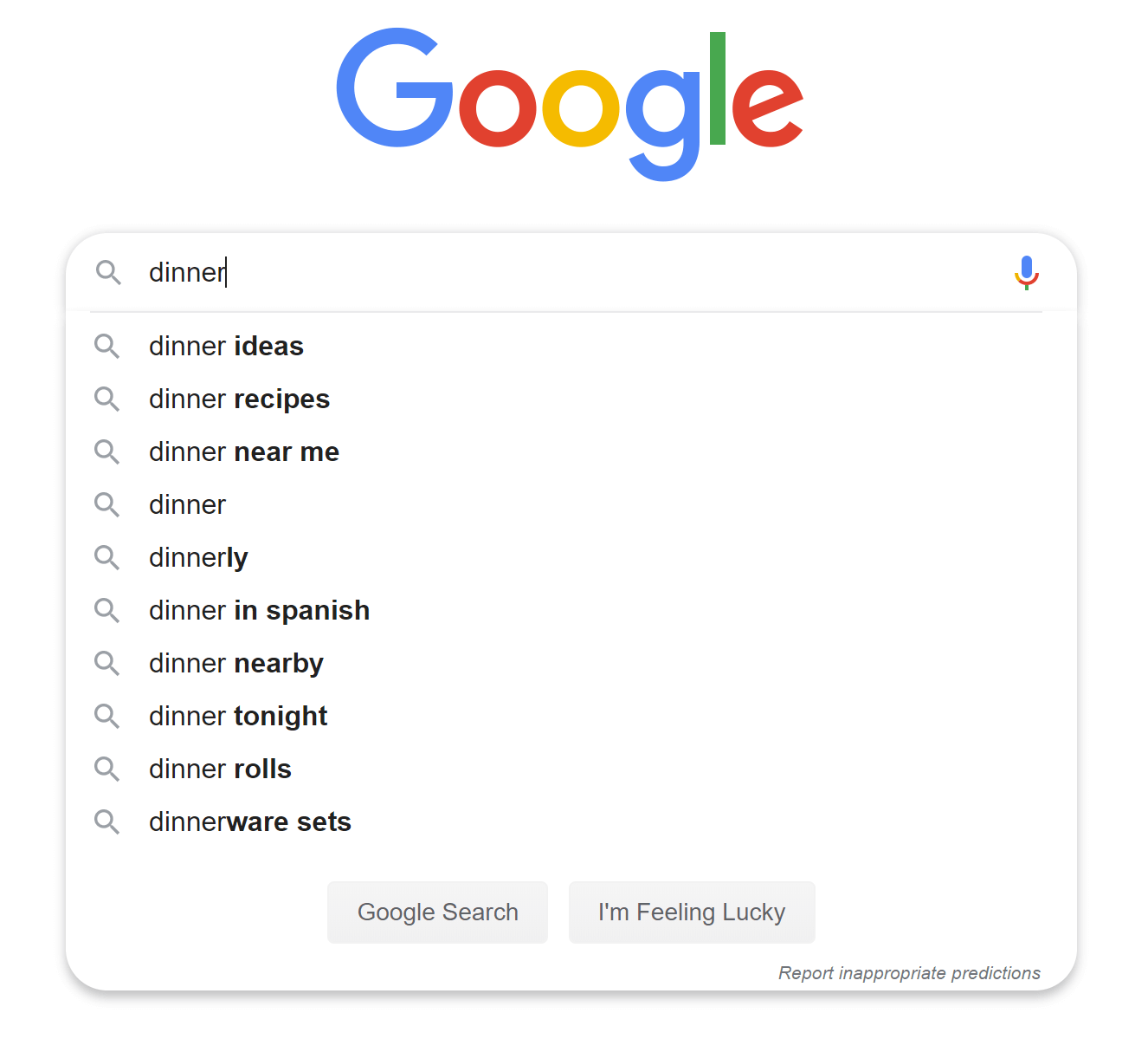 Изображение показывает страницу Google search с введенным префиксом dinner и выпадающим списком автодополнений вроде dinner ideas, dinner recipes, dinner near me и других.