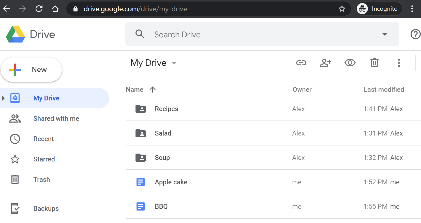 Изображение показывает интерфейс Google Drive в браузере: боковую навигацию, список файлов в My Drive, кнопку New и панель действий.