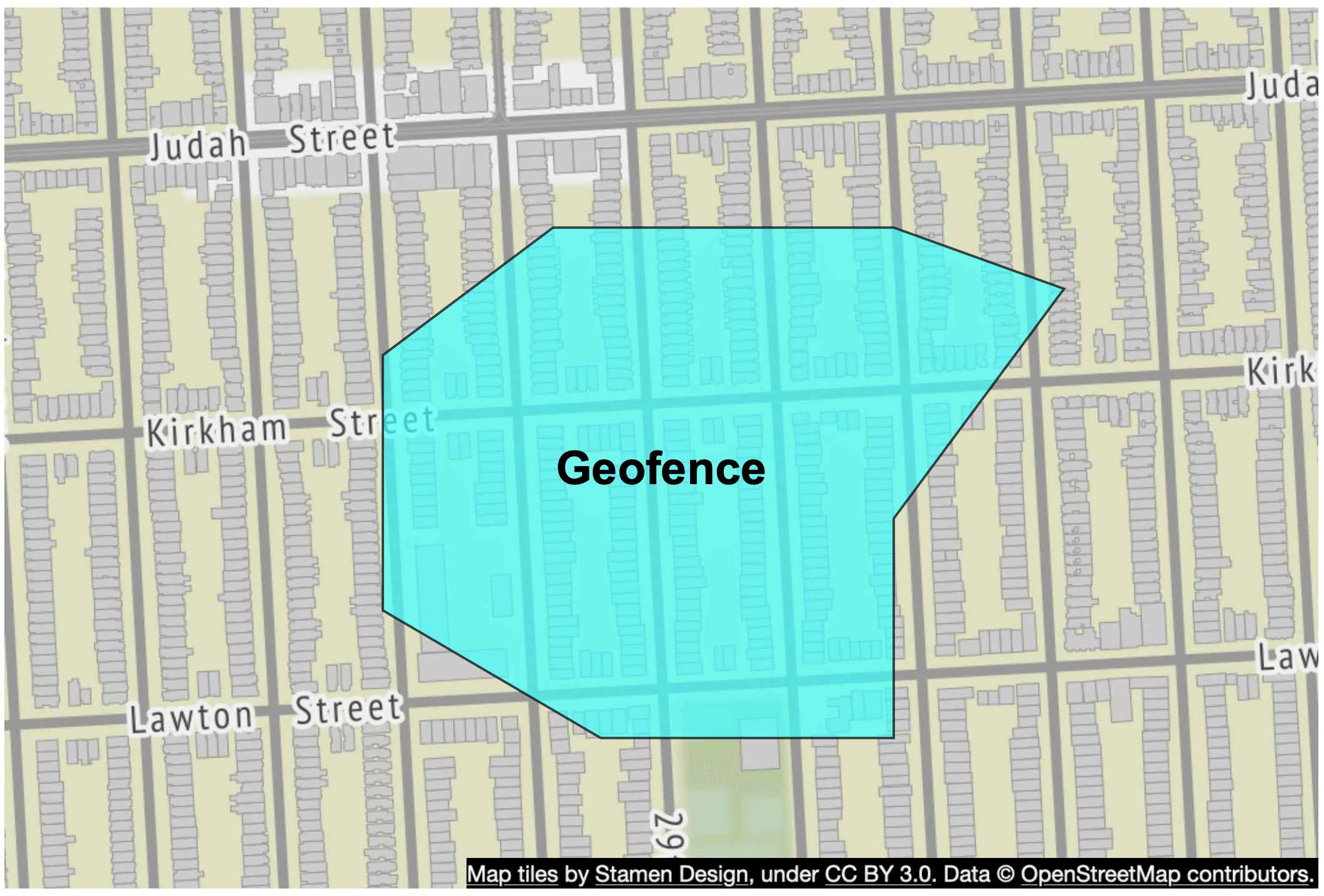 Изображение показывает geofence произвольной формы поверх карты города.