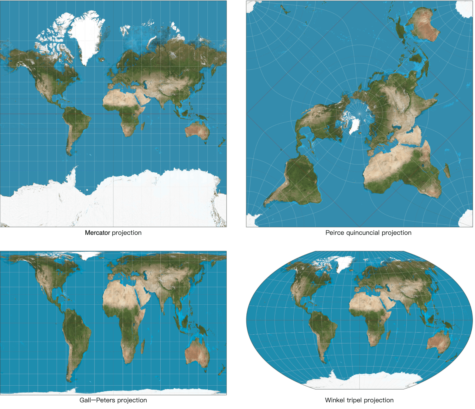 Изображение показывает сравнение нескольких типов map projection.