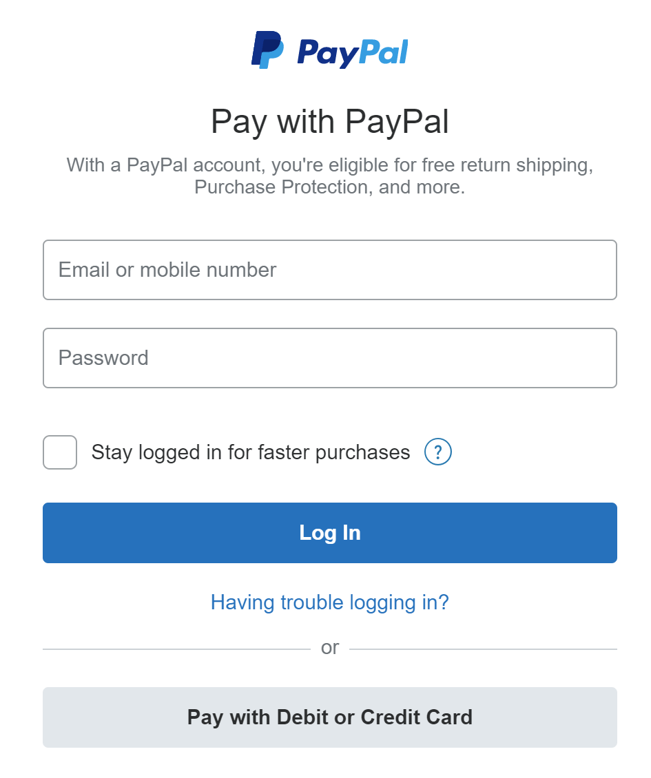 Изображение показывает hosted payment page PayPal, где user вводит email, password или выбирает оплату debit/credit card; сбор sensitive payment data выполняет сам PSP.