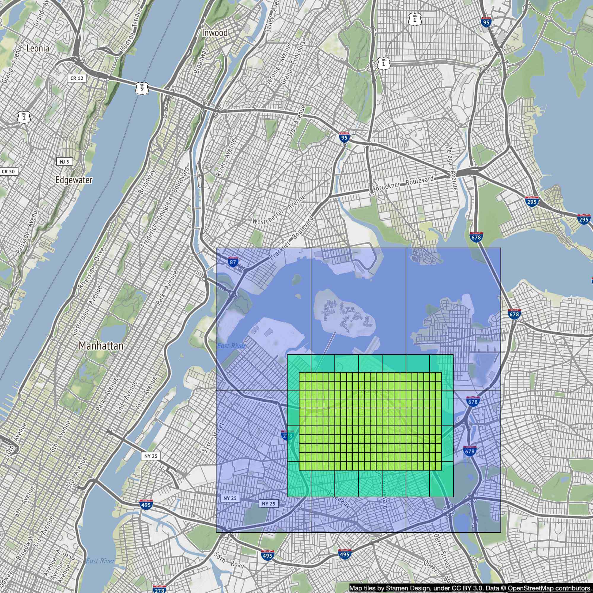 Изображение показывает routing tiles разных размеров на карте Нью-Йорка.