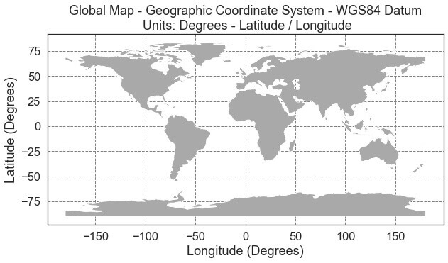 Image represents a global map using a Geographic Coordinate System based on the WGS84 Datum. The map is displayed in a rectangular grid, with latitude (in degrees) marked on the vertical axis ranging from -75 to 75, and longitude (in degrees) marked on the horizontal axis ranging from -150 to 150. The continents are depicted in a light gray color, while the oceans are left white. A dashed grid overlays the map, providing visual reference points for latitude and longitude coordinates. The title clearly states 'Global Map - Geographic Coordinate System - WGS84 Datum' and specifies that the units are 'Degrees - Latitude / Longitude'. No URLs or parameters are present.